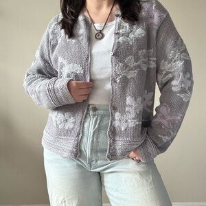 Eddie Bauer Gray Floral Hand Knit Cardigan